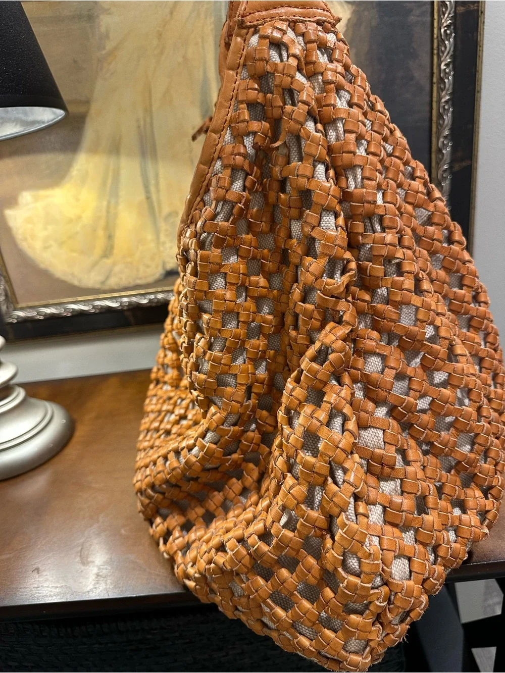 Marta Ponti Woven Quiet Luxury Bag Woven Leather Hobo Bag in Cognac
